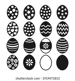 Set of Easter black eggs with simple textures isolated on white background. Laser cutting template. Happy Easter. Vector illustration in flat minimal style