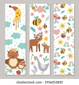 Set of Easter bookmarks or greeting card templates. Vertical Spring holiday posters or invitations. Bright green frame illustration with traditional symbols. Happy Easter design
