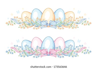 Set of easter borders with eggs and ribbon