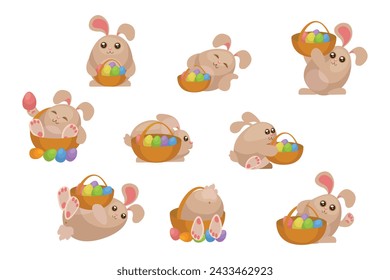 Set of Easter bunnies with basket .Vector illustration.