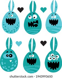 Set of Easter bunnies in blue colors.