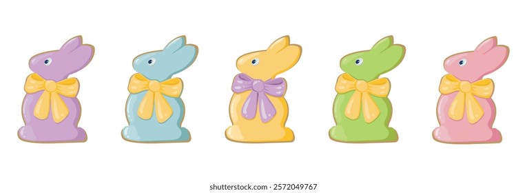 Set of easter bunnies with bows. Spring religious holiday happy easter. Gift in the form of colorful gingerbread bunnies. Vector illustration isolated on white.