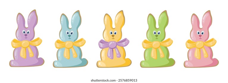 Set of easter bunnies with bows. Spring religious holiday happy easter. Gift in the form of colorful gingerbread bunnies. Vector illustration isolated on white.