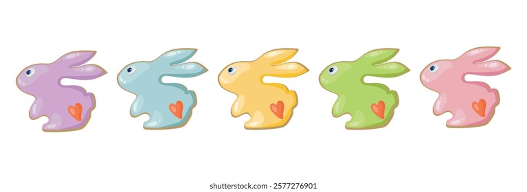 Set of easter bunnies with bows. Spring religious holiday happy easter. Gift in the form of colorful gingerbread bunnies. Vector illustration isolated on white.