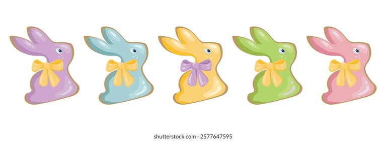 Set of easter bunnies with bows. Spring religious holiday happy easter. Gift in the form of colorful gingerbread bunnies. Vector illustration isolated on white.