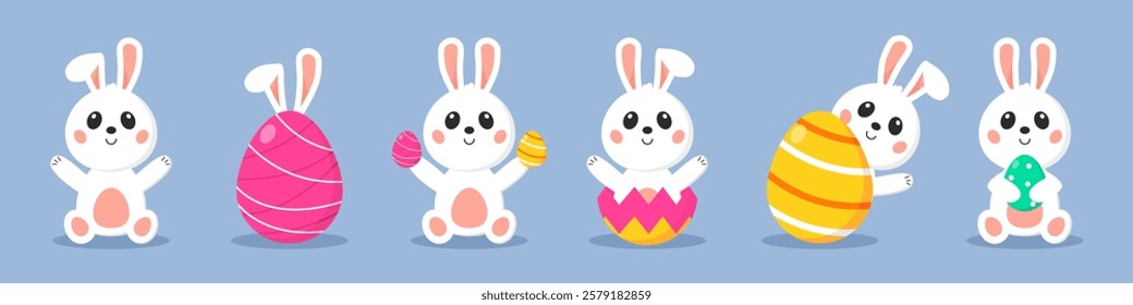 Set of Easter bunnies. Cartoon bunnies with Easter eggs. Vector