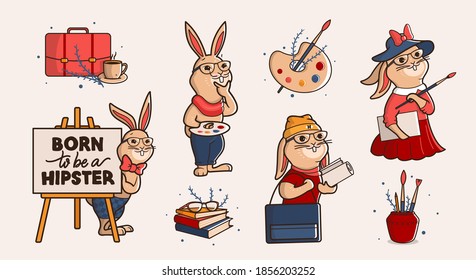 Set of Easter bunnies. Cartoonish artists are hipsters. Characters are good for family look designs, clothes, etc. The retro animal and icon collection is a vector illustration 