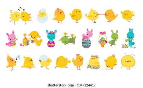 Set of easter bunnies, chicks and eggs isolated icons on white background. Vector illustration