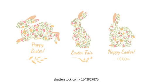 Set of Easter bunnies decorated with eggs and plants for the design of greeting cards and banners isolated on white background. Cute vector illustration.