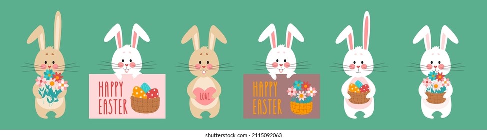 Set of Easter bunnies with flowers in a basket and eggs. Vector illustration of flat cartoons.