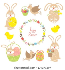 Set for Easter, Easter bunnies, flowers, birds, chickens