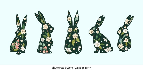 A set of Easter bunnies with flowers. Decorative elements. Vector illustration.
