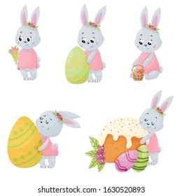 
set of easter bunnies with flowers in delicate colors