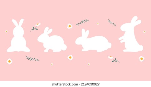 Set of Easter bunnies and flowers. Vector graphics in flat style