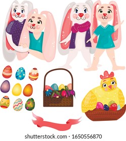Set of easter bunnies with hen and egg hunt basket