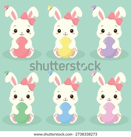 A set of Easter bunnies holding different colours eggs. Easter holiday elements. Happy Easter vector illustration.