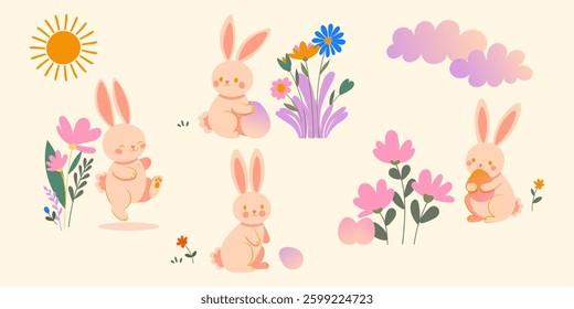 set of easter bunnies isolated on white background. Bundle of cute lovely bunnies. Childish flat cartoon vector easter inspired.