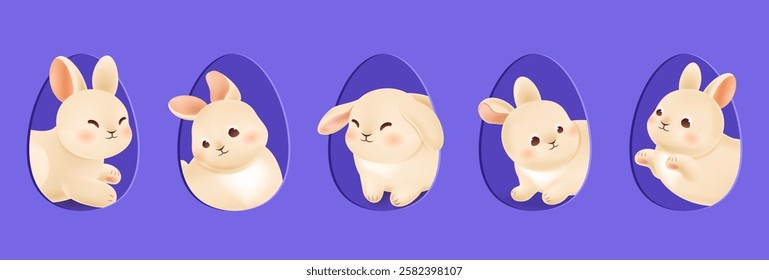 Set of Easter bunnies peeking out of egg-shaped windows. Collection of cute rabbits for greeting card design. Symbol of spring hunt holiday in violet background. Vector illustration