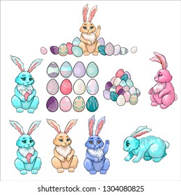 Set of easter bunnies, rabbits and 16 different eggs. Easter bunny sitting sideways. Near heap of colored eggs. Vector big set for design. Isolated on white background. Cute hand drawn cartoon.