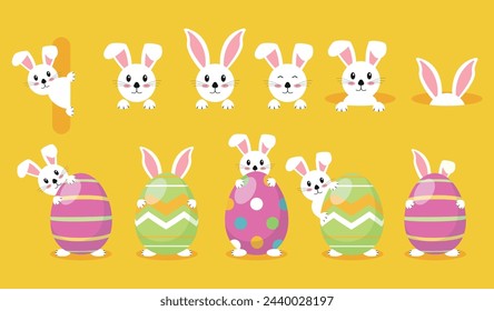 Set of Easter bunnies, rabbits and ears.Modern egg, bunnies for kids standing with placard. Vector graphics in cartoon style