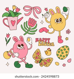 Set of Easter bunnies in retro groovy style. Easter characters with eggs, flowers and butterfly in trendy retro 60's 70's style. Contour hand drawn vector illustration.