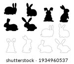 Set of Easter bunnies. Easter running, looking up and standing rabbits black silhouette. Black icons and outlines isolated on white background.