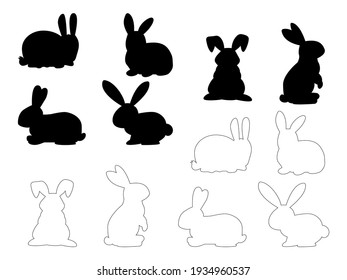 Set of Easter bunnies. Easter running, looking up and standing rabbits black silhouette. Black icons and outlines isolated on white background.