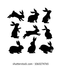 A set of Easter bunnies silhouette in different shapes and actions isolated on a white background.
Cartoon vector element.