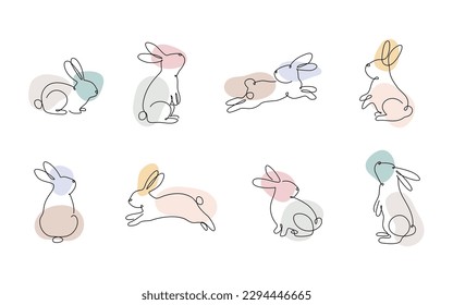 Set of Easter bunnies in simple one line Drawing style. Colored Rabbit icon. Bunny Minimalist Contour Illustration for Spring Design. 