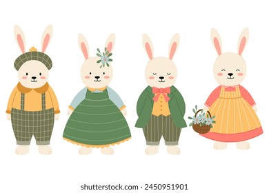 Set of Easter bunnies. Vector illustration of hares in vintage costumes. Kids funny characters.	