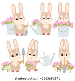 Set of Easter bunnies with watering cans, flowers and shovels