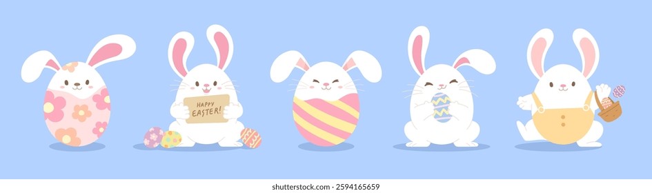 Set of Easter bunny cartoon characters for Easter celebration. Easter egg combined with white rabbit in different actions for decoration. Cute and funny rabbits flat style vector illustration.