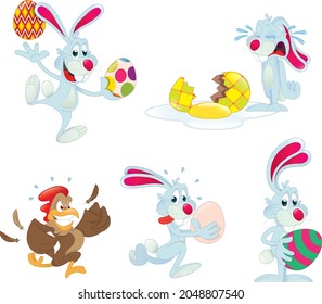a set of easter bunny cartoon drawings