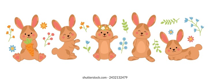 Set of Easter bunny. Collection of rabbit character in different poses. Spring floral elements with leaves and flowers. Easter bunny and flowers. Vector illustration isolated on white background.