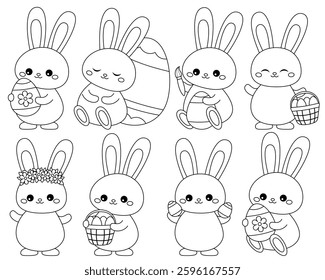 Set of Easter bunny coloring pages featuring kawaii rabbits holding Easter eggs and baskets. Vector illustration for kids. Colouring book.