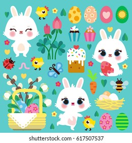 Set with Easter bunny. Cute cartoon characters and Easter icons.