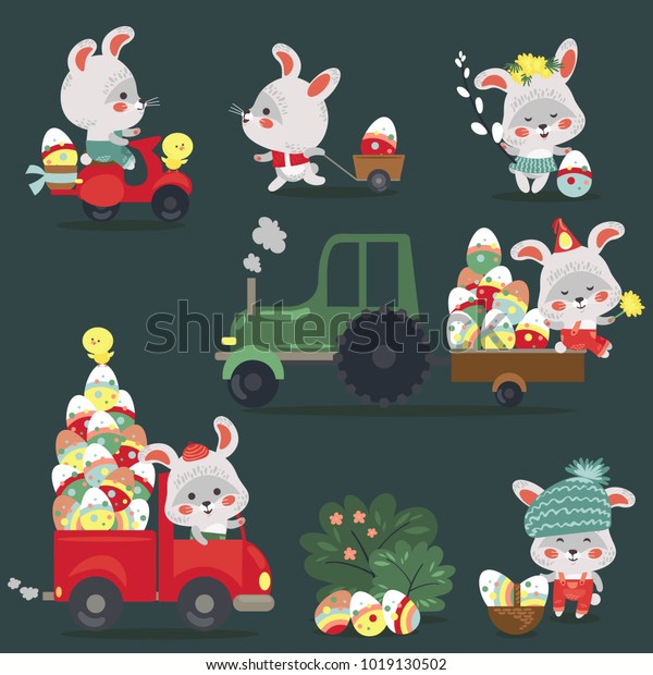 Set of Easter bunny drive car with truck,\
decorated eggs hunter holding full basket, cute white rabbit auto\
driver hunting, happy holiday vector greeting card, spring hare\
isolated illustration