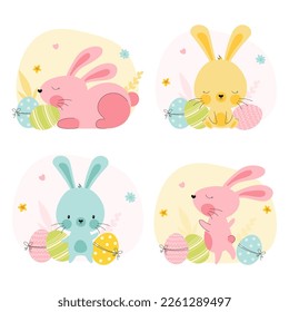 Set of Easter Bunny and eggs illustrations