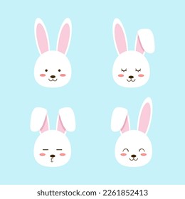 Set of easter bunny face with different expression. Flat vector illustration.