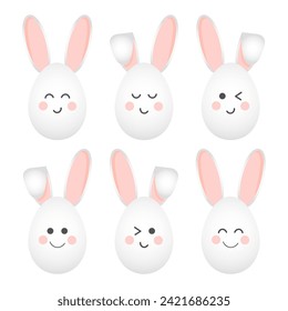 Set of Easter Bunny faces with different emotions. Holiday icons, stickers, decor elements, vector