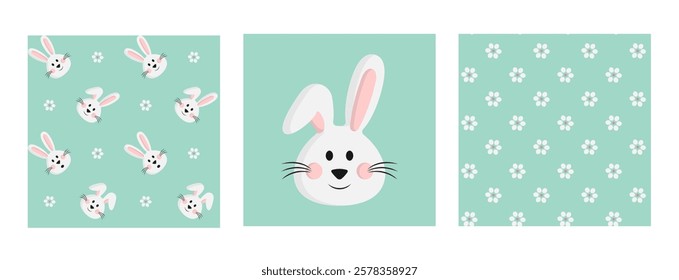 Set of Easter bunny and flowers, vector illustration on white background. Easter decoration for shirt and scrapbooking, pajamas, baby pajamas and diapers.