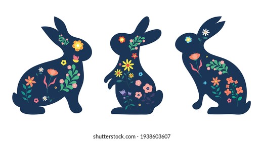 Set easter bunny with flowers.vector illustration.	