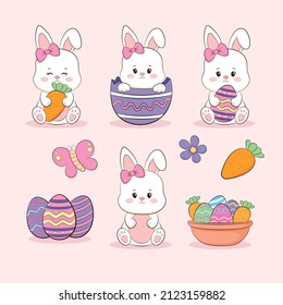 Set of easter bunny girl, flat illustration. 