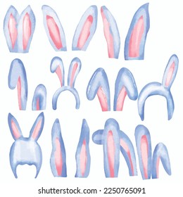 Set of Easter Bunny Headband Ears Accessory.Greeting card, holiday decoration. Single object, front view. Hand drawn watercolour graphic paint on white background,