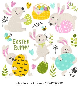 Set of Easter Bunny with herbs and flowers. Vector illustration for your design