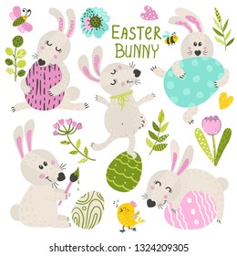 Set of Easter Bunny with herbs and flowers. Vector illustration for your design