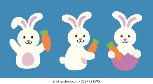 Set of Easter bunny holding carrot.
Easter rabbit.
Flat stock vector illustration.
Good for card,poster, banner, leaflet .
