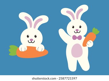 Set of Easter bunny holding carrot.
Easter rabbit.
Flat stock vector illustration.
Good for card,poster, banner, leaflet .