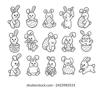 Set of easter bunny outline sketch vector illustration