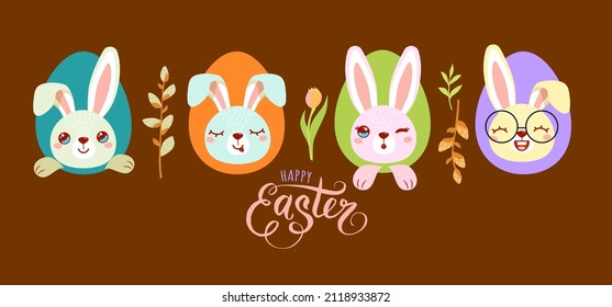 Set of easter bunny rabbits, willow twigs and tulip isolated on brown background vector illustration. Cute cartoon characters.